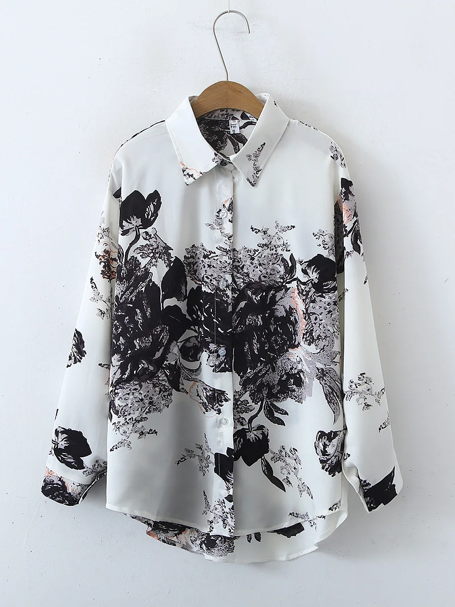 Retro Simple Long Sve irt Straight Cut Street Sle Damen Faion Print Design Casual Regular Thin Frühling Sommer