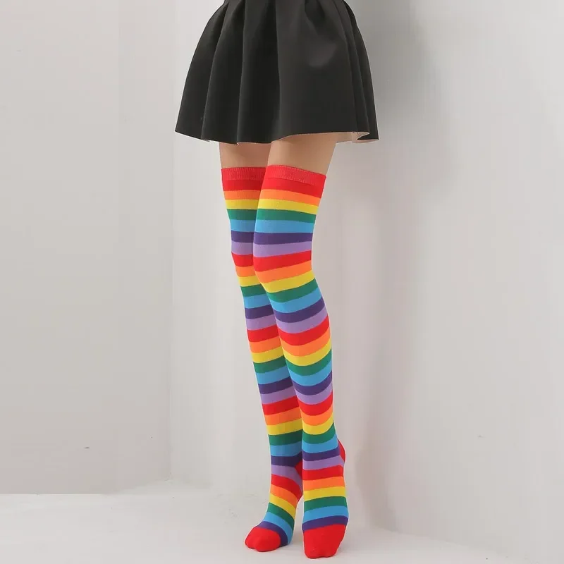 Colorful Rainbow Stockings Cotton Striped Lengthened Plus Size Over The Knee Long Socks Stage Performance Cosplay Accessories