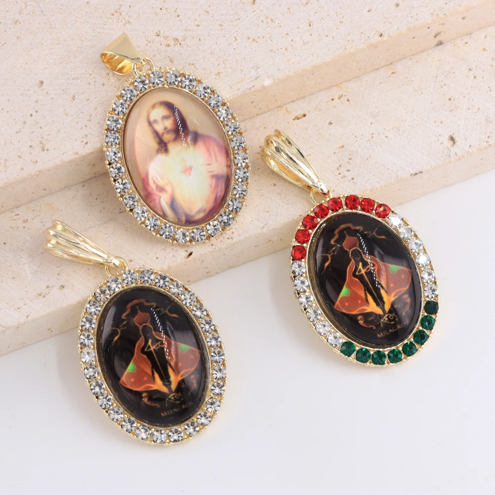 Luck Fashion Gold Jewelry Faith Virgin Mary Jesus Pendant Photo Memory Blessing Oval Christian Hip Hop Prayer Pendant