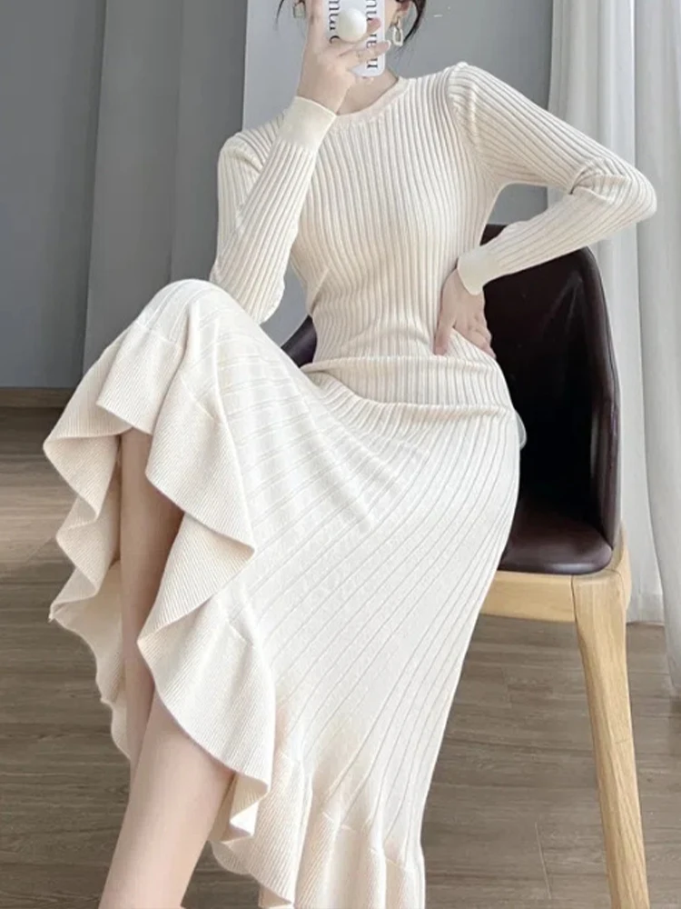 

Knitted White Dress Women Korean Fashion Ruffle Mermaid Long Dresses Female Autumn Winter Elegant Long Sleeve Slim Sweater Dress