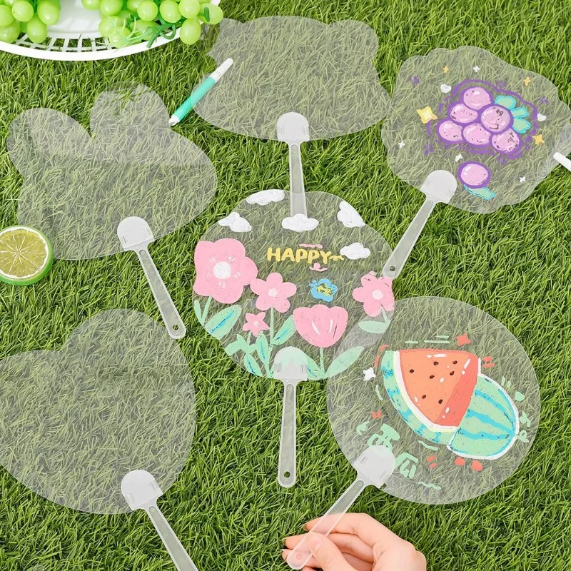 Five 24pcs Random Plastics Transparent Blank Fan Children DIY Stage Performance Hand Fan Decor For DIY Craft Make Hand Graffiti
