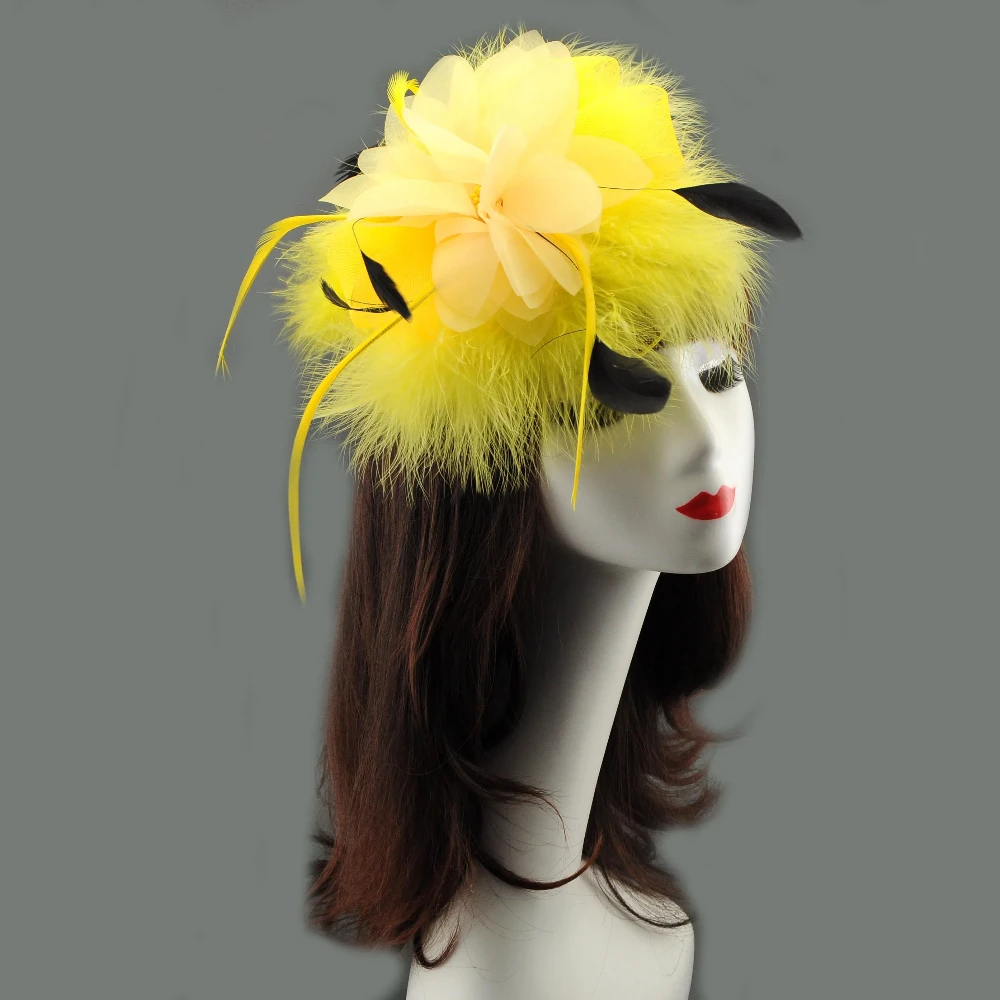Dramatic Feather Chiffon Floral Fascinator Hair Clip, Mesh Formal Headpiece Hat for Women, Bridal Hair Flower for Wedding, Banqu