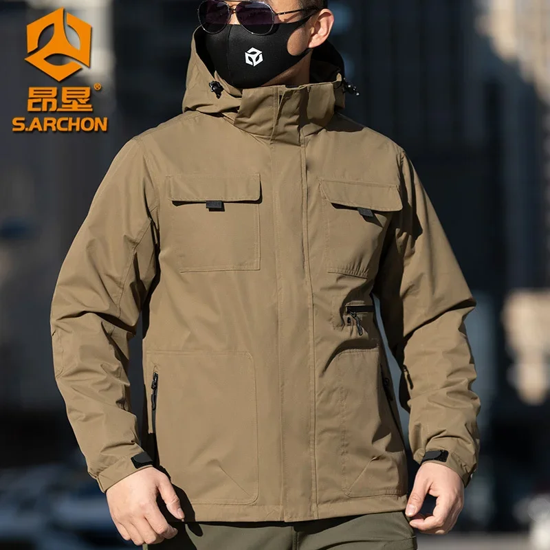 Outdoor Tactical 3 in 1 Windbreaker Jacket Men's Autumn Winter Windproof and Waterproof Soft Shell Jacket Detachable 2pc Set