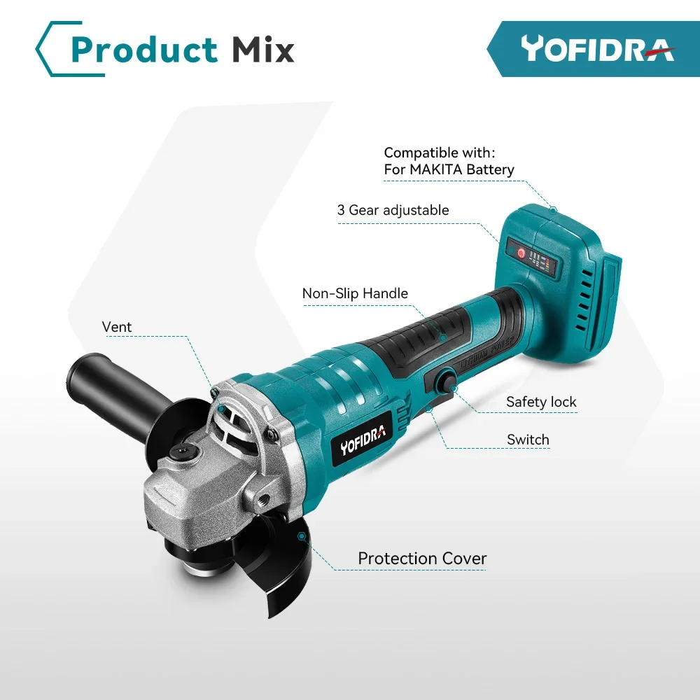 Yofidra 100mm 3 Gear Brushless Electric Angle Grinder Cordless Metal Wood Grinding Polishing Cutting Tool For Makita 18VBattery