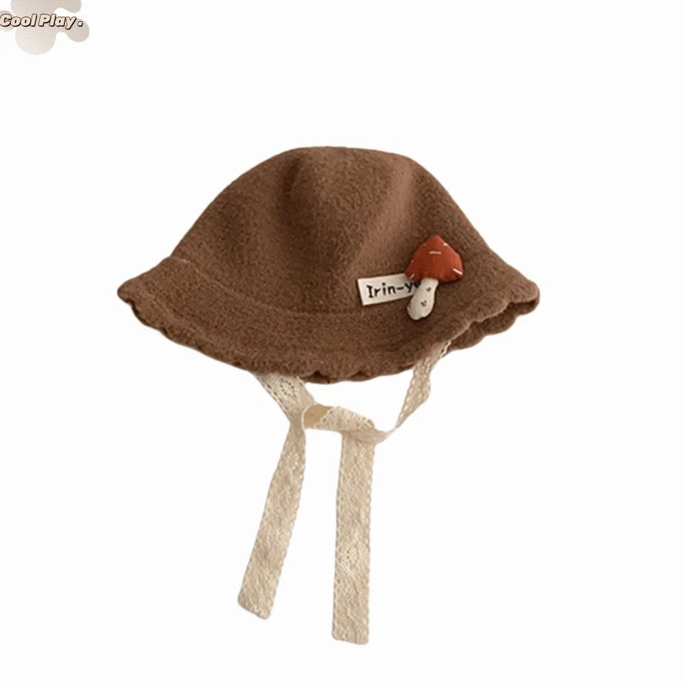 

Soft Kids Warm Knitted Hat Mushroom pattern Solid Color Curled Fisherman Cap Breathable Lacing Up Toddler's Plush Knitted Hat