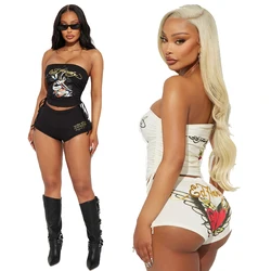 Two-Piece-Set Women Summer Outfits 2 Piece Short Tracksuit Sets 2024 New Style Hardy Ed Graphic Print Tube Top And Shorts Set