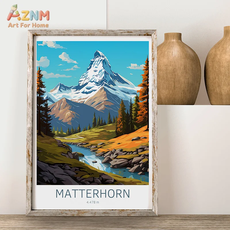 AZNM Frameless Canvas Poster Mountain Travel Print, Ski Resort Volcano Peak Nature Scenery Vintage Outdoor Adventure Tourism Wal