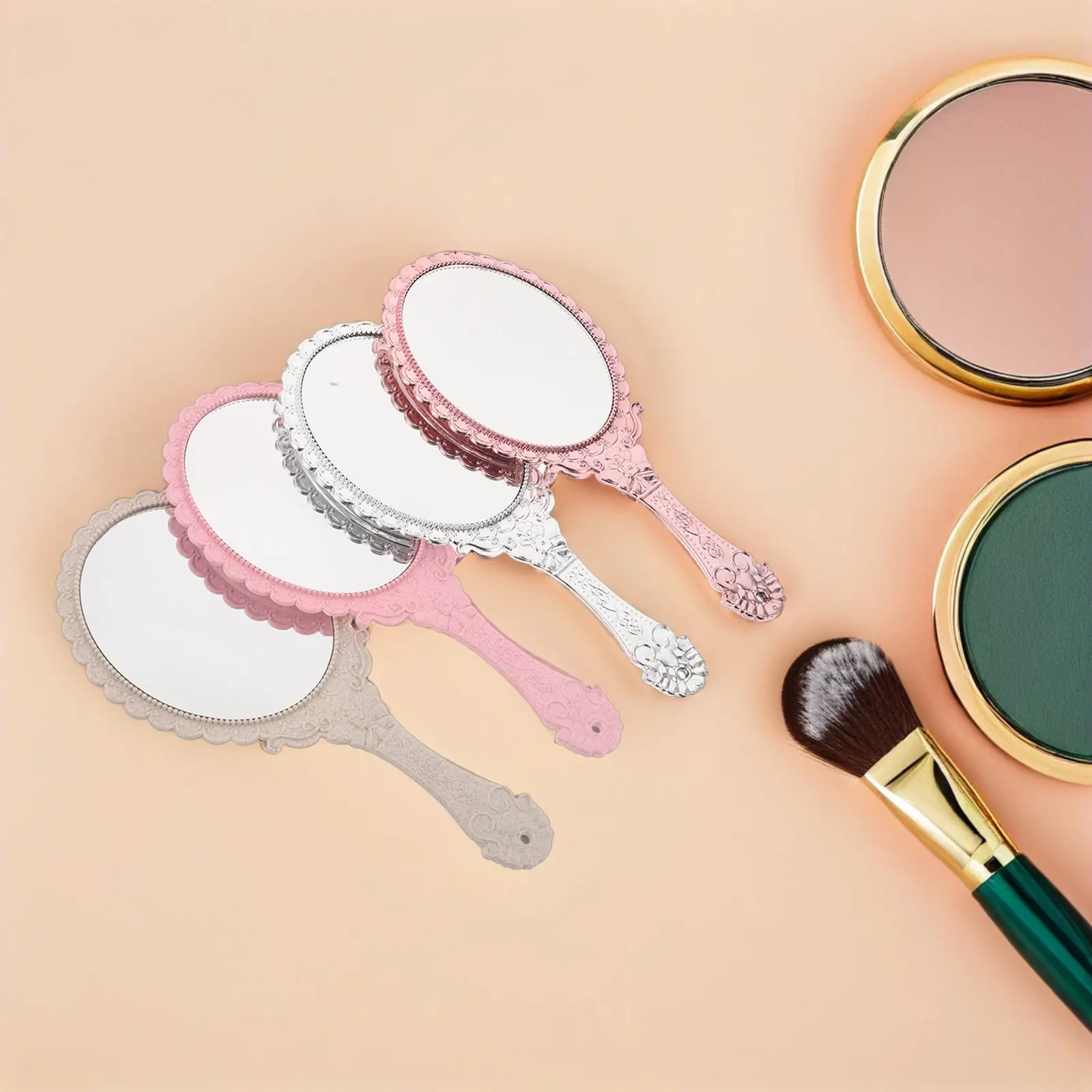 4Pcs Vintage Handheld Makeup Mirror with Intricate Retro Patterns Elegant Decorative Colors Hd Reflective Surface Portable