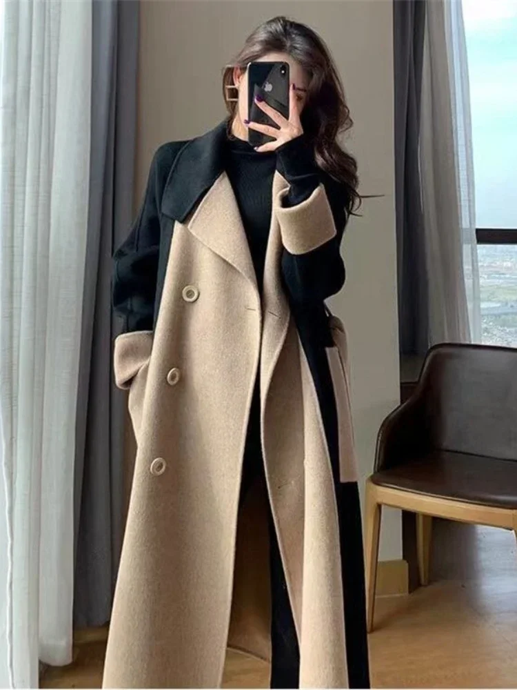 

Chic Woolen Patchwork Trench Coat for Women Double-breasted Cardigan Anti-wrinkle Lapel Winter Coat High Sense Overcoat Outwear