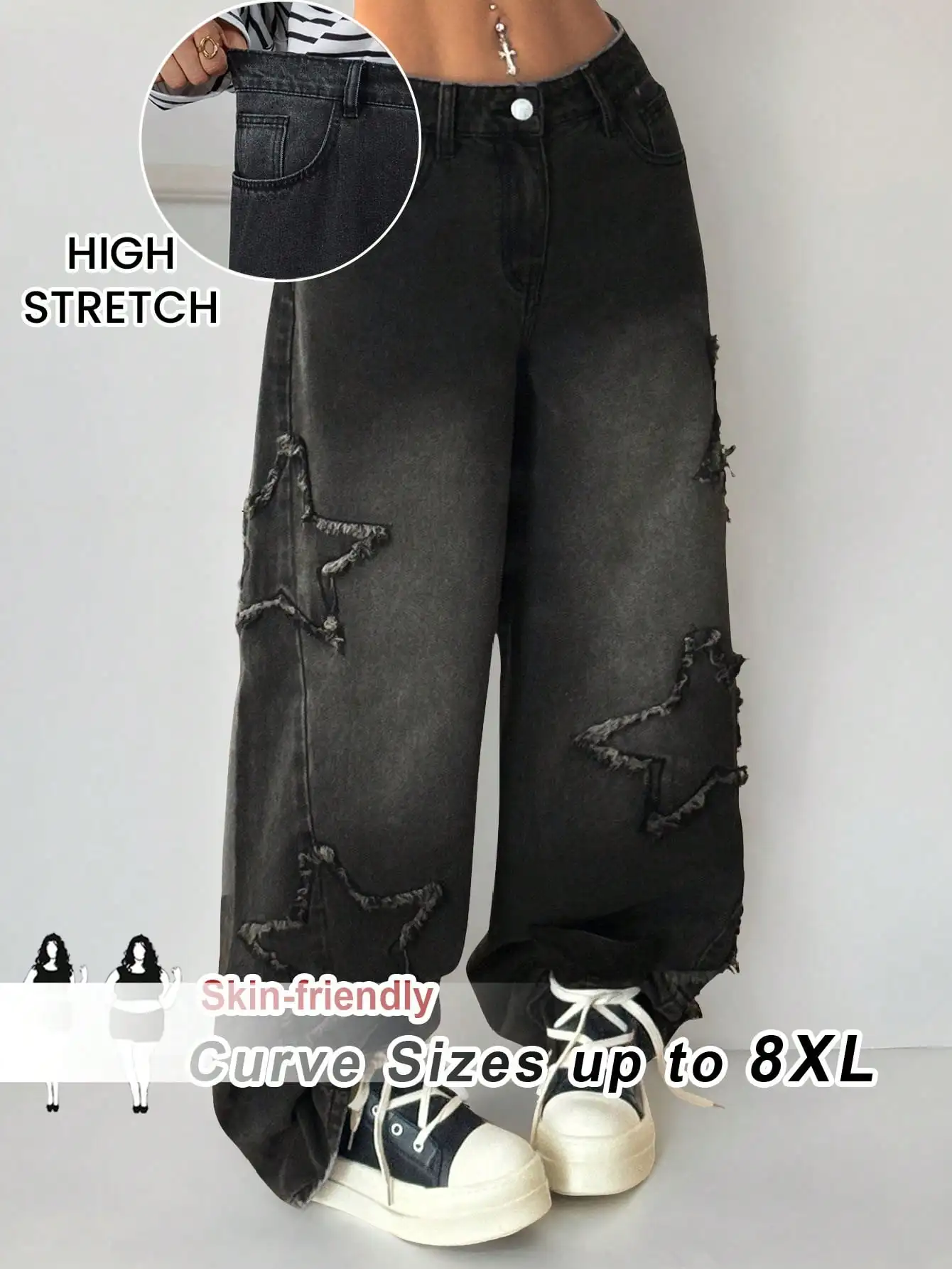 

Джинсы женские больших размеров, с эффектом потертости, широкие, свободного кроя, с высокой эластичностью, повседневные, в стиле Y2K