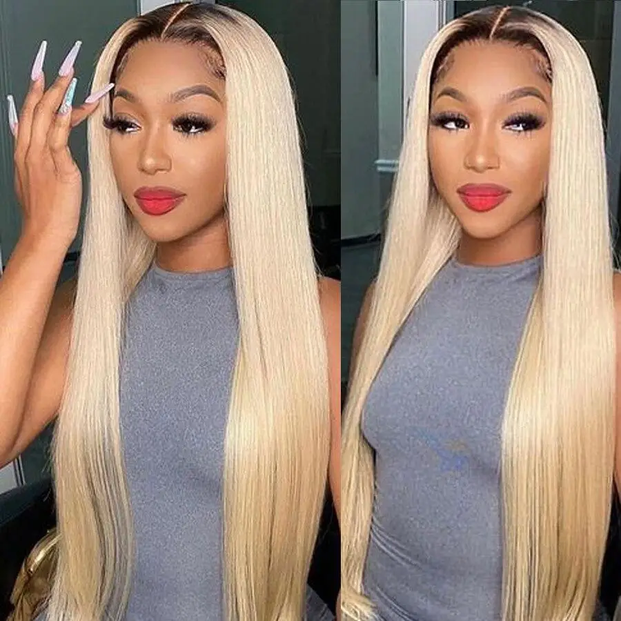 1B613 Blonde Dark Roots Bone Straight Lace Front Human Hair Wig Glueless Vietnamese 13x4 Transparent Lace Frontal Wigs for Women