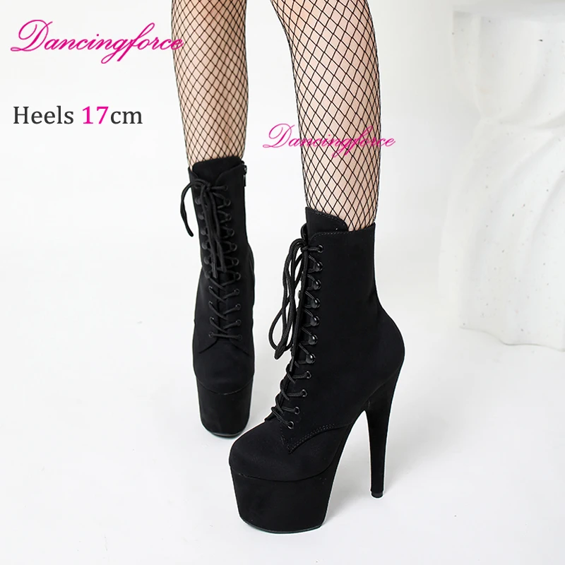 Sexy Exotic 17cm 7Inches Suede Ankle Boots Pole Dance Shoes Women Stripper High Heels Platform Round Head Lace-up Boots