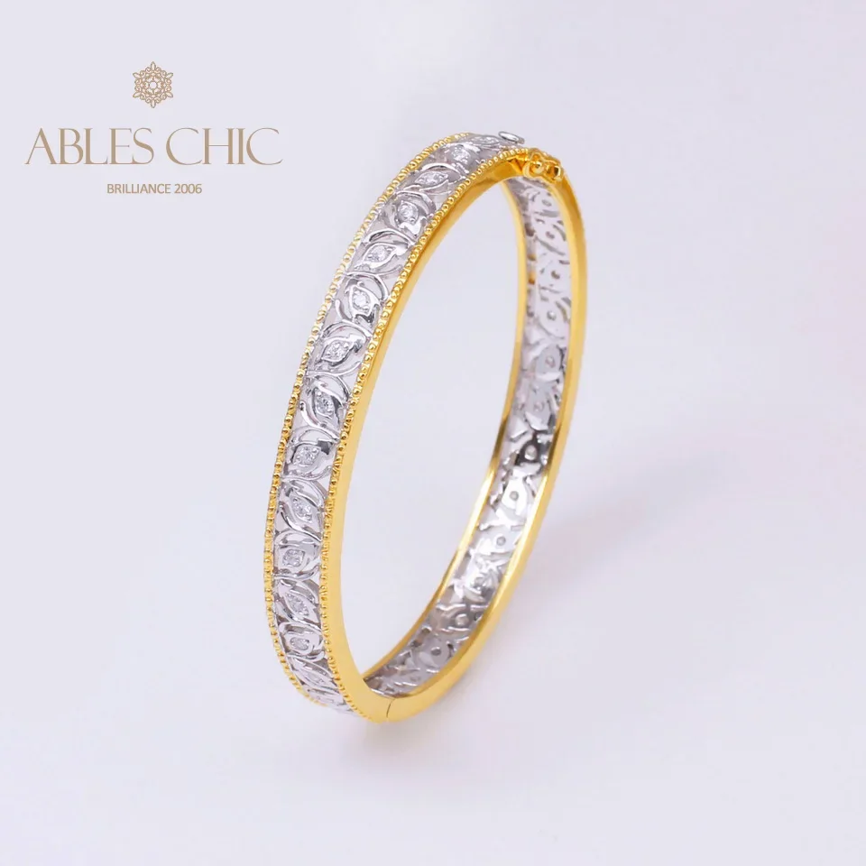 

ABLES CHIC 925 Silver Retro Filigree Bezel Set Zircon Flowers Bangle Gold Rim Rose Element Narrow Band Clasp Bracelet Vintage