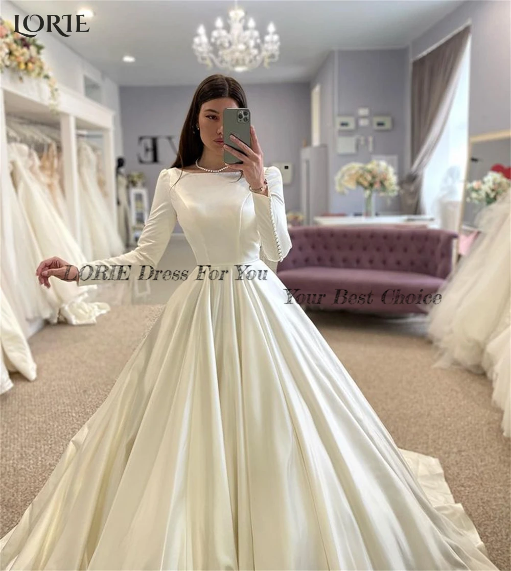 LORIE Vintage Satin Wedding Dresses O-Neck A-Line Cap Sleeves Button Bridal Gown Princess Muslim Solid Bride Dress Customized