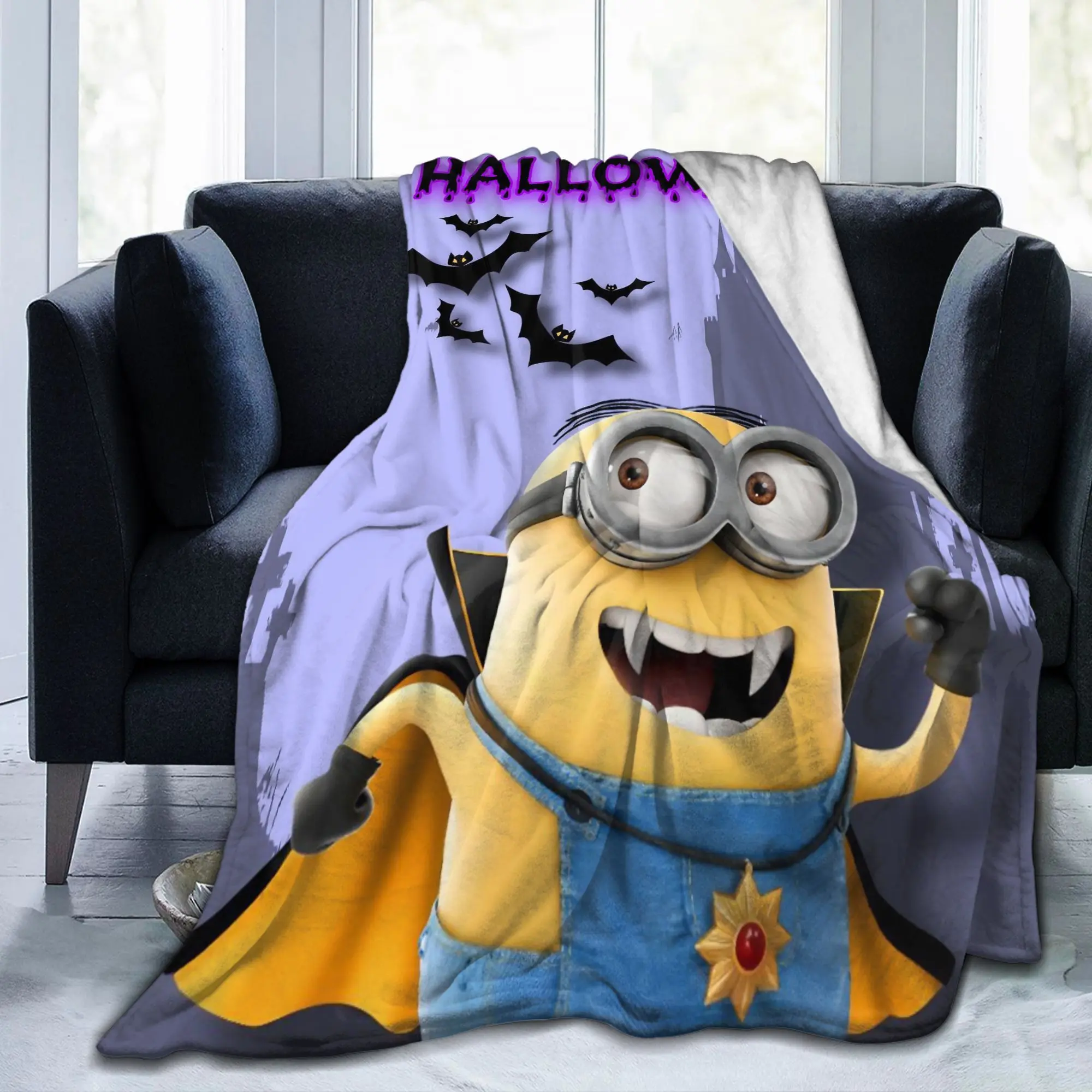 Cute Anime M-Miniones Blankets Fleece Spring/Autumn Halloween Bats  Multifunction Warm Throw Blanket for Home Office Bedspread