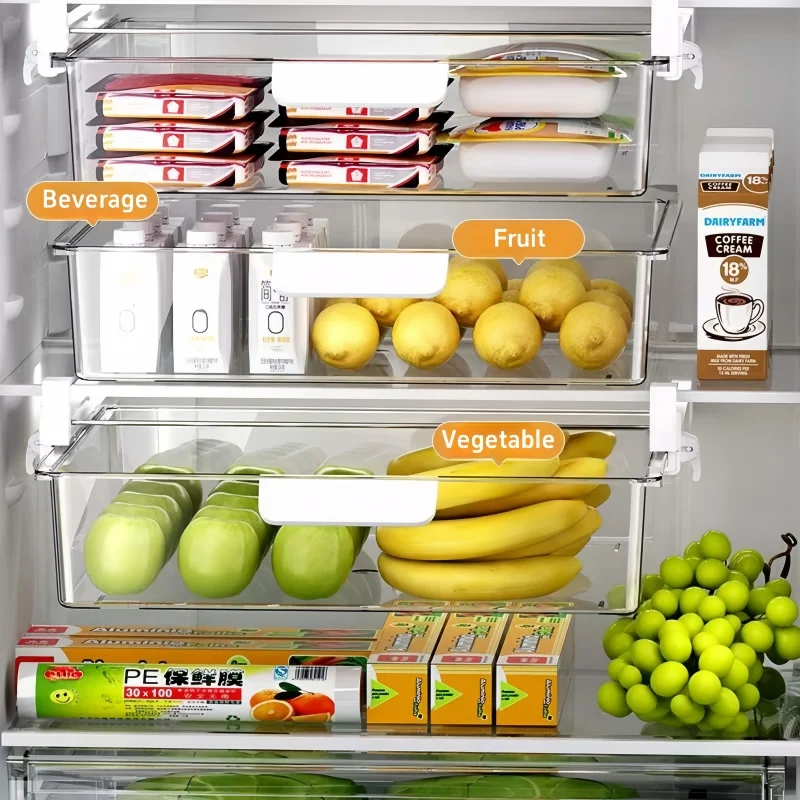 Refrigerator Large Hanging Storage Box Kitchen Eggs Vegetables Fruits Transparent Container Icebox Push-pull Drawer Organizer