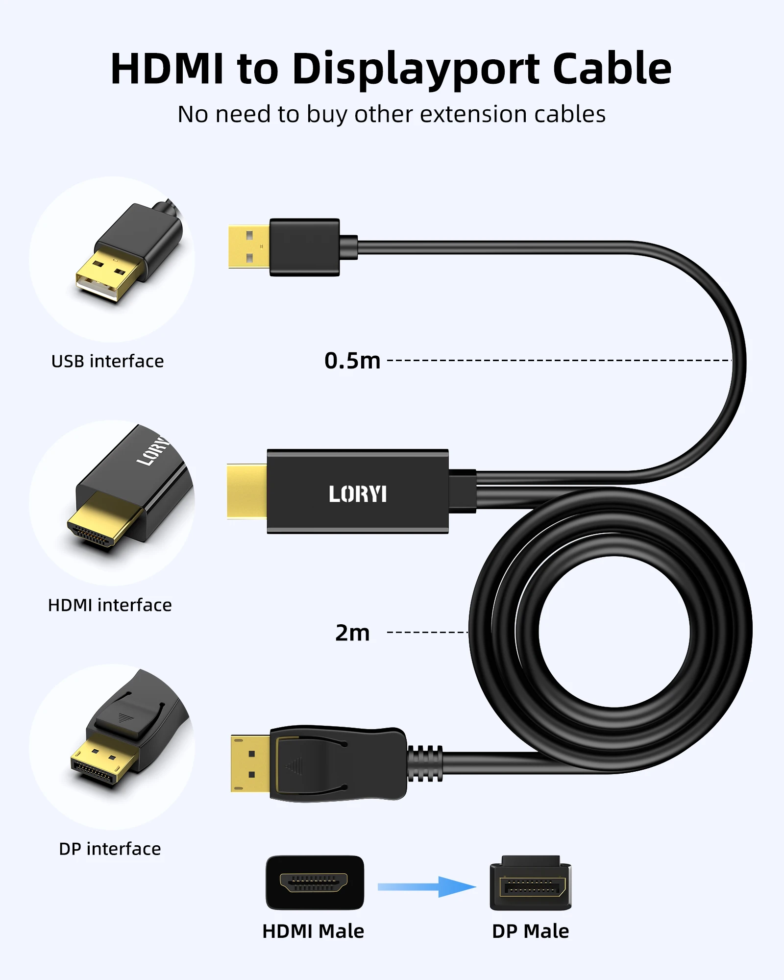 LORYI HDMI To Displayport Cable 6Feet For Monitor 4K 60Hz HDMI Source Monitor Cable Unidirectional HDMI 1.4 Male to DP 1.2 Male