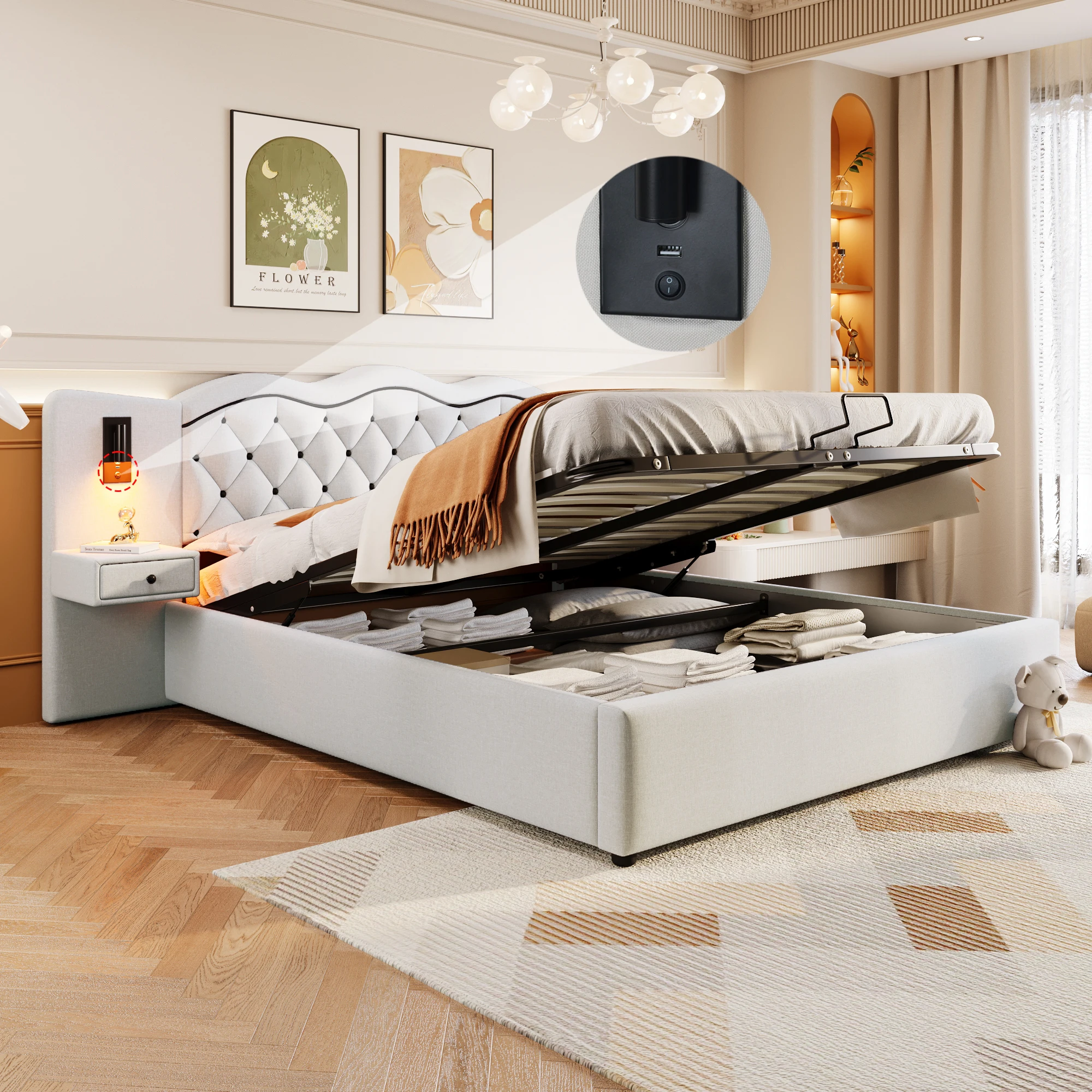 Storage Space BED 180x200 Cm-with Integrated Headboard and 2 Lamps, Linen Beige