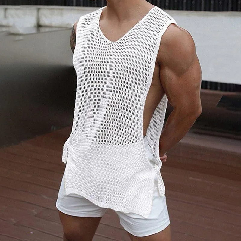 Summer New Men's Clothing Fashion Loose Perspective Hollow Side Straps Casual Sexy Men's Vest