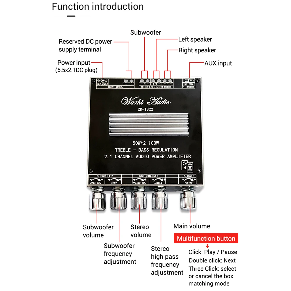 ZK-TB22 2.1 channel bluetooth audio power amplifier board module tweeter subwoofer TWS true wireless TPA3116 50WX2+100W