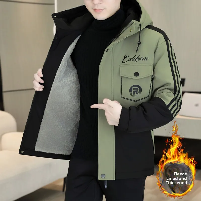 

Men's Winter Thiened Fce Lined Casual Parka Jaet Hooded Workwear Cotton Coat Outerwear Youth Regular Fit Long Sve Z...