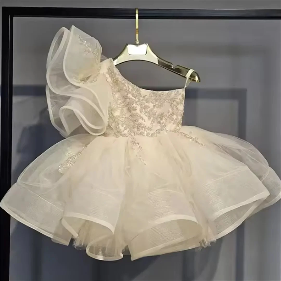 Customized Baby Girl Princess Floral Sequins Dress Off Shoulder Infant Toddler Child Tulle Vestido Party Wedding Pageant Baby