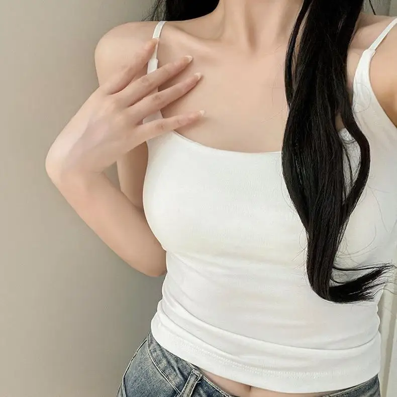 Summer New Style Small Strap Vest Women's Slim Fit  Color Short Top Wear Inner Chest Pad Beautiful Back Integrated