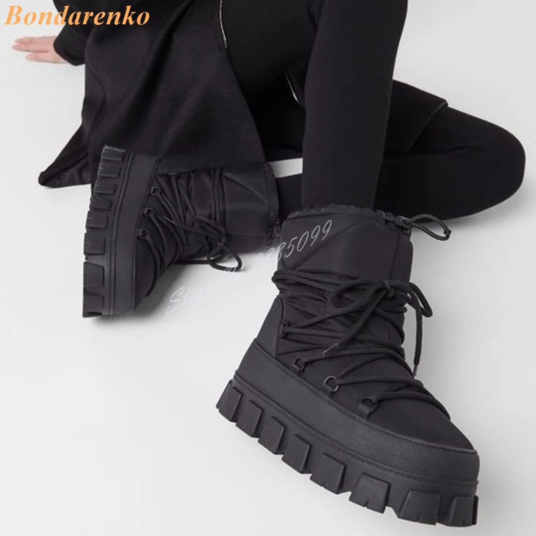 Winter Thick Sole Warm Boots Round Toe Platform Lace Up Elastic Band Solid Short Boots Leather Fur Women Shoes New Style Banquet