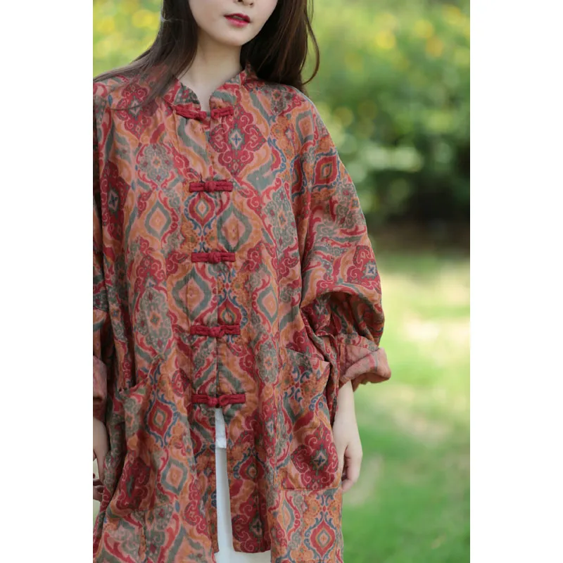 Chinese Style Print Loose Buckle Long Sleeves Shirt 2024Woman Spring New Chic Cotton Linen Vintage Cardigan Top Ladies Shirt