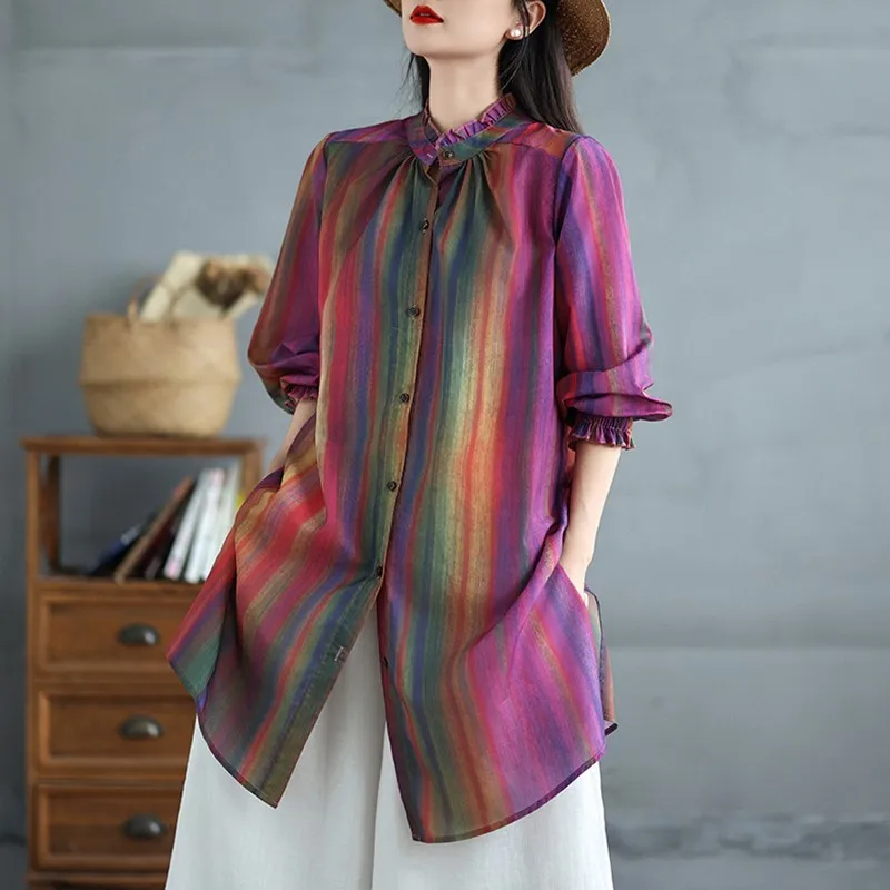 Women Casual Long Shirt New Arrival 2024 Autumn Vintage Striped Half High Collar Loose Female Thin Tops Shirts B3942