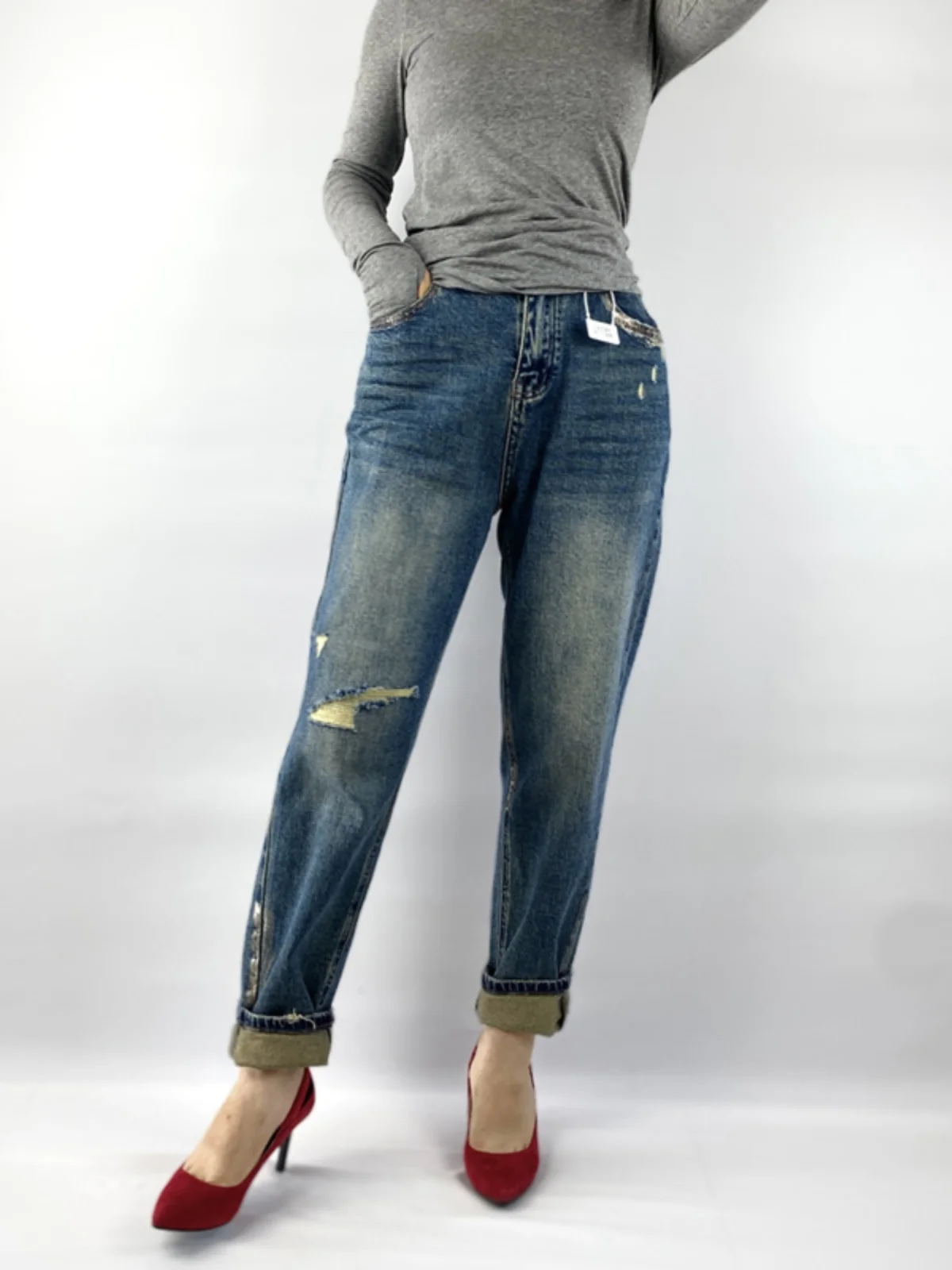 

Quality High Waist Hole Jeans Female Spring/Autumn Size XL Loose Casual Stretched Denim Ripped Harem Pants 8209