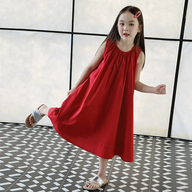 High end girls' dress, seaside vacation style dress, summer thin design, children's versatile red pure cotton