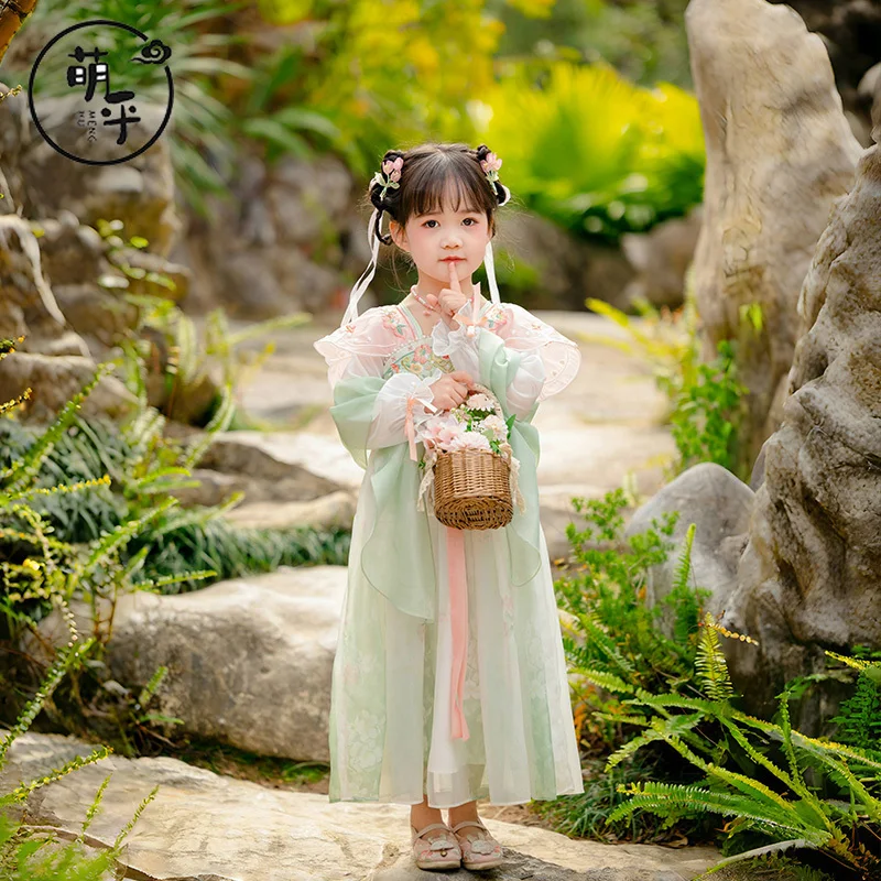 Hanfu เสื้อผ้าฤดูใบไม้ผลิของเด็กผู้หญิงเสื้อแจ็คเก็ตไหล่สไตล์จีนเมฆและชุดเดรสสาวน้อย Super Fairy ชุดโบราณ