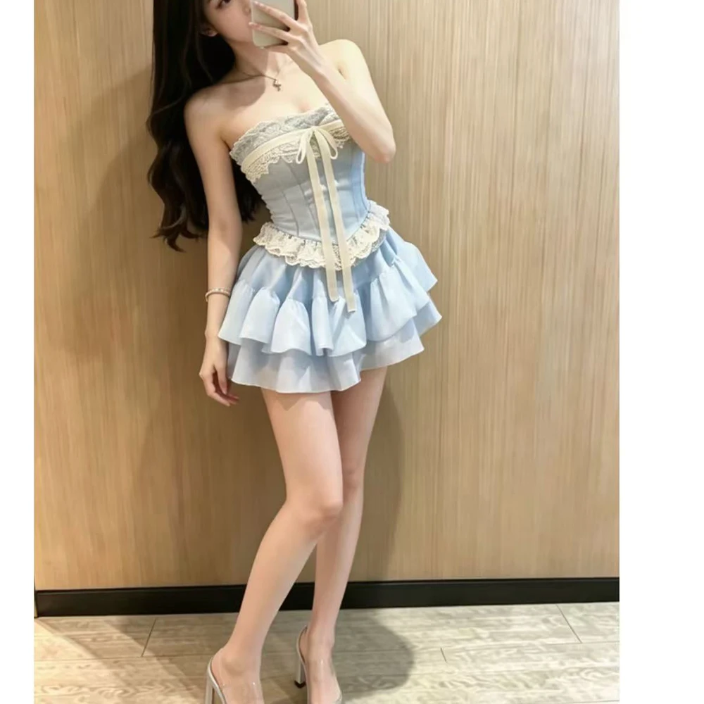 Harajuku Japanese Sweet Lace Tank Top+Mini Skirt Two Piece Set Y2K Retro Sexy Slim Sleeveless Top 2000S Japanese Bow Cute Set