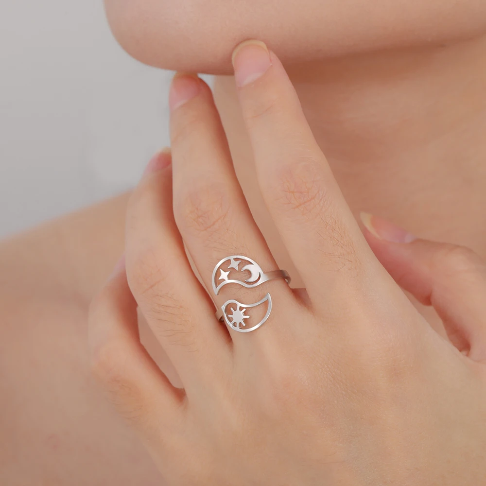 Dawapara Tai Chi Yin Yang Ring Sun Moon Stars Dolphin Adjustable Ring Bohemian Stainless Steel Wiccan Jewelry