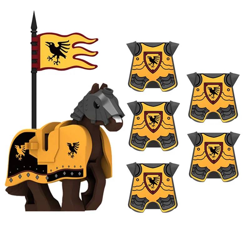 MOC Medieval Red Lion Black Eagle Castle Soldier Knight Horse Mount Building Block Military Figure Vest Armor Flag Toy Gift B036