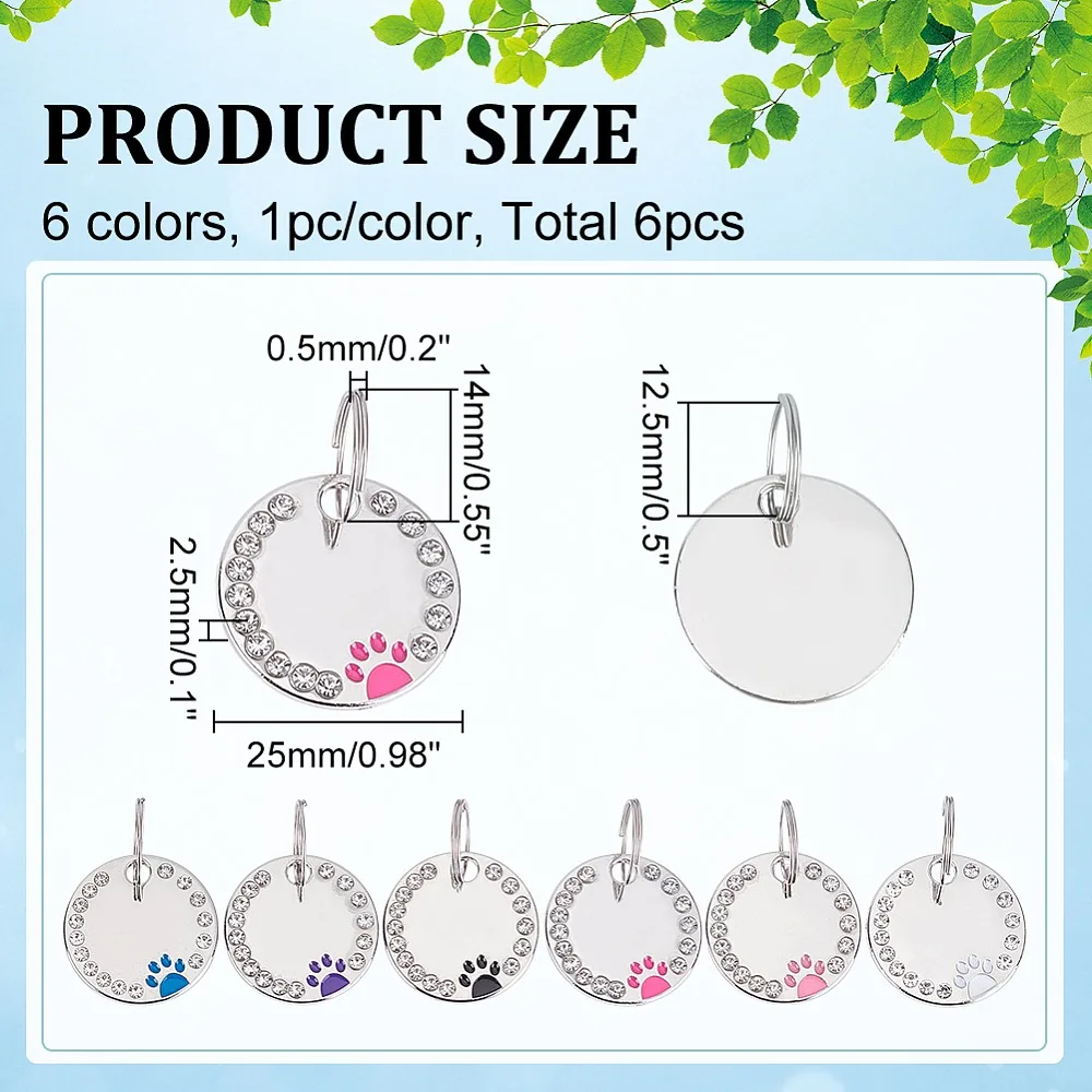 6-pecas-6-cores-pingente-de-identificacao-para-animais-de-estimacao-em-liga-de-zinco-com-strass-redondo-plano-com-charm-de-pegada-de-pata-cores-sortidas-25x25mm