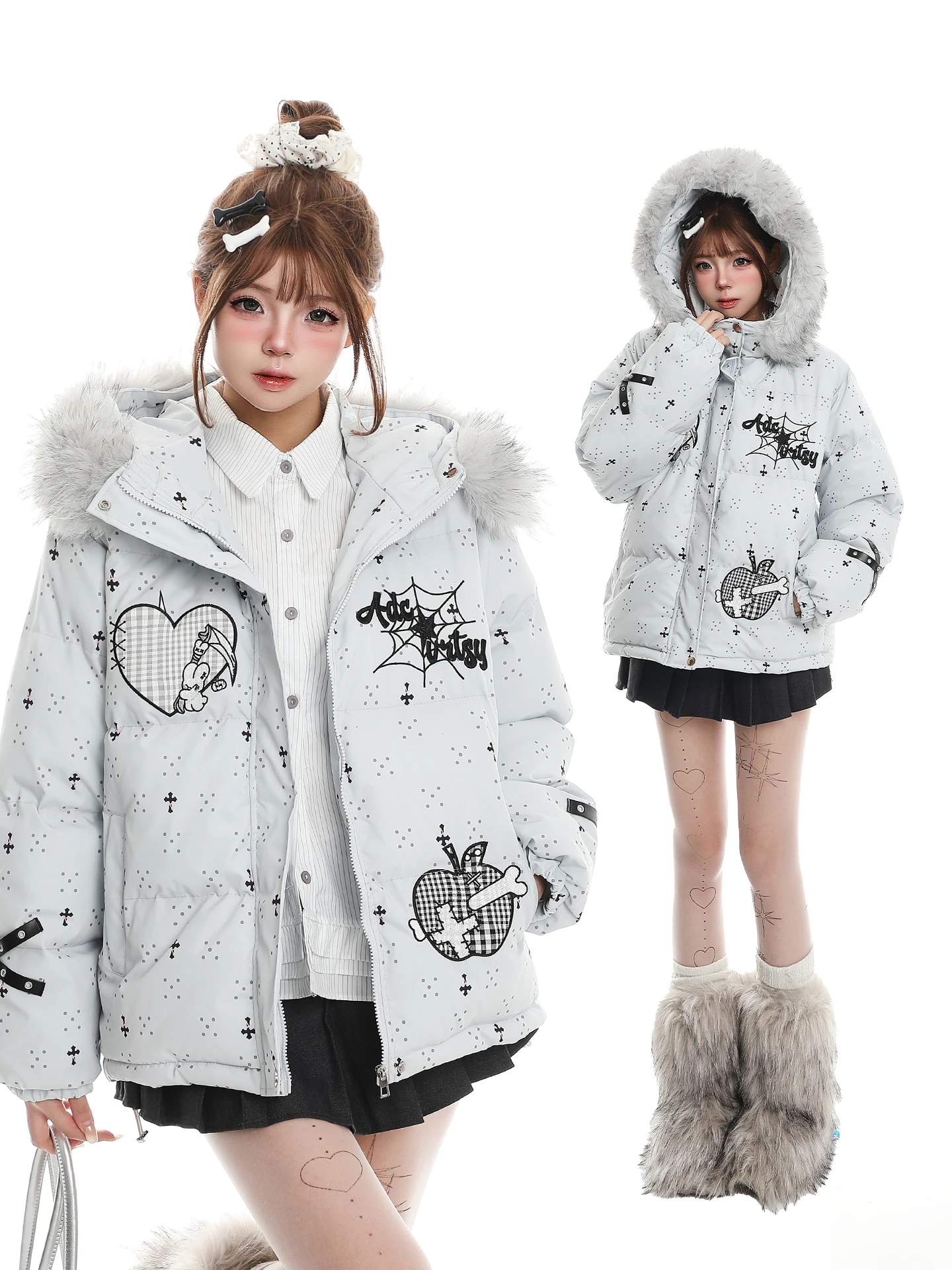 Korean Lazy Cartoon Embroidery Fur Collar Hooded Cotton Jacket Women's Winter Super Beautiful New Warm Cotton Coat Outerwear
