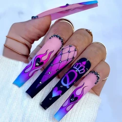 24Pcs Long Ballet False Nails Flame Design with Rhinestones French Design Wearable Fake Nails Glitter Press on Nails Tips Art