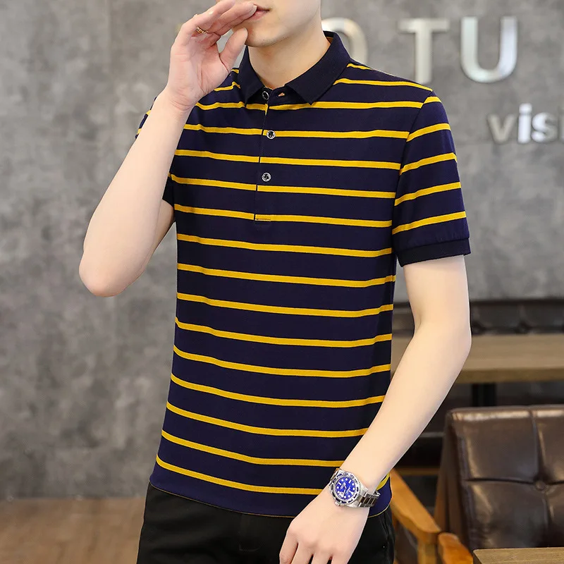 Summer Men's Pullover Lapel Button Stripe Contrast Color Short Sleeve Screw Thread Tee T-shirt Polo Shirt Fashion Formal Tops