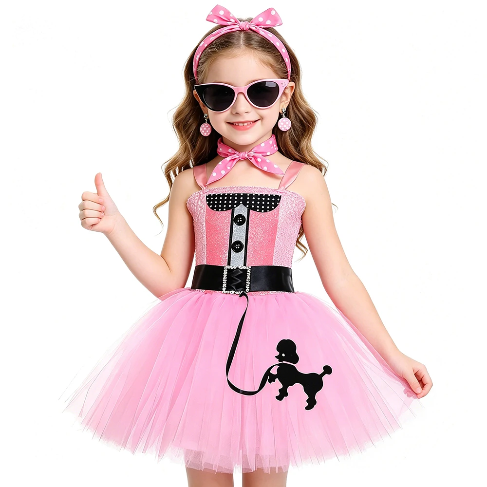 

Костюмы в винтажном стиле 1950-х годов для девочек, ретро-платье-пудель, розовое балетное платье-туту, детский наряд для Хэллоуина с очками