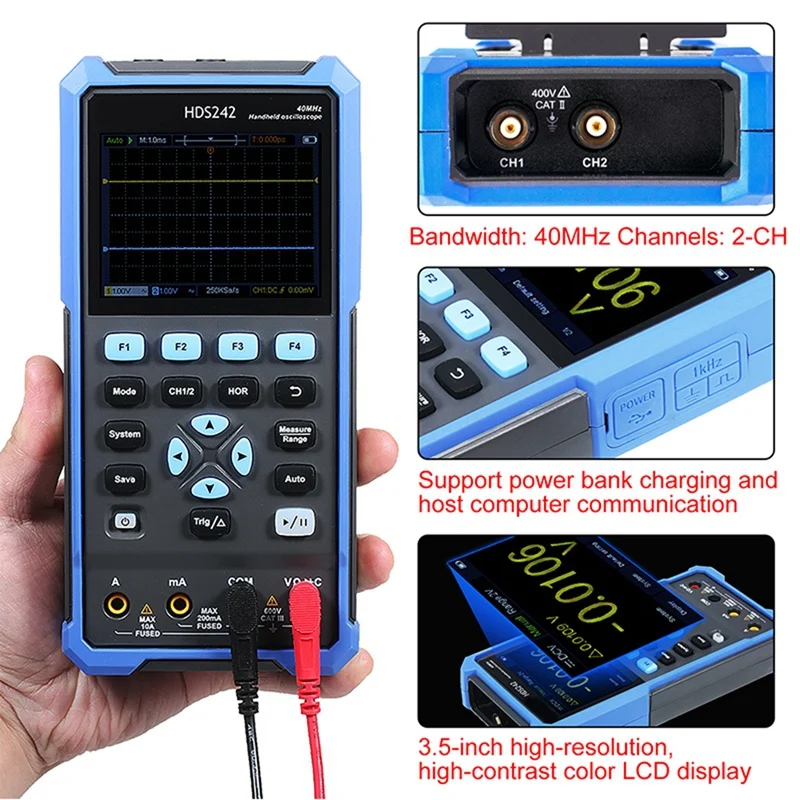 HDS242 3.5 Inch 2CH 40Mhz 4 1/2 Digit Oscilloscope Multimeter Waveform Generator Handheld Digital Scope Meter Blue EU Plug