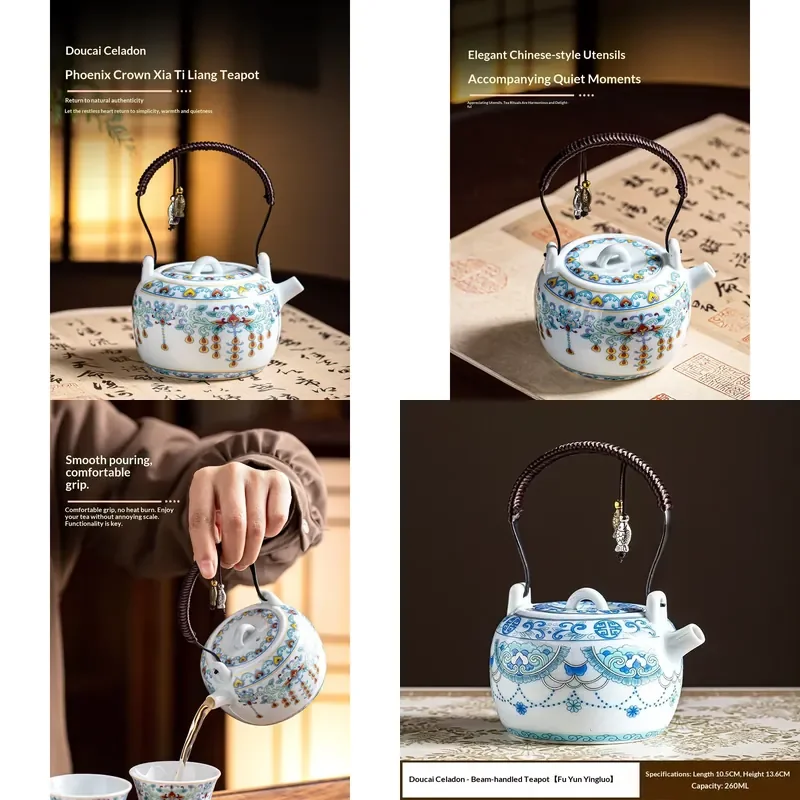 

【CHIMU HOME】 Doucai Blue-and-white Phoenix Crown Pattern Anti-scalding Handle Teapot for Ceramic Office Chinese Kettle