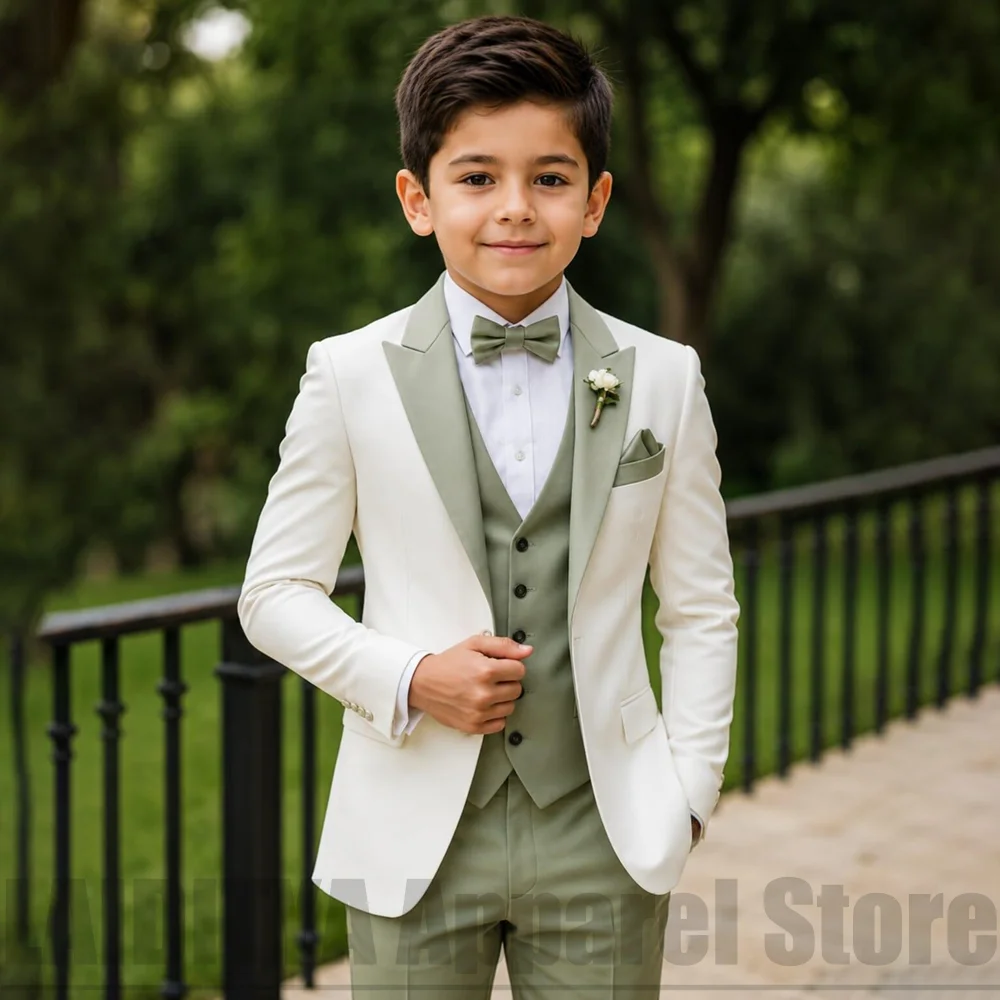 Chic Boys Three Piece Suit Fashion Peak Lapel One Button Outfit Daily Casual Kids Wedding Page Boy Garden Party Formal Tuxedo