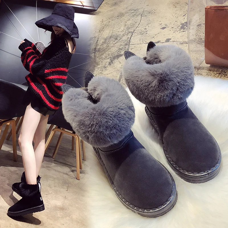 Comemore Ankle Boots for Women Black Boots 2022 Fur Winter Shoes Warm Black Round Toe Casual Female Snow Boot Rabbit Ears Cute