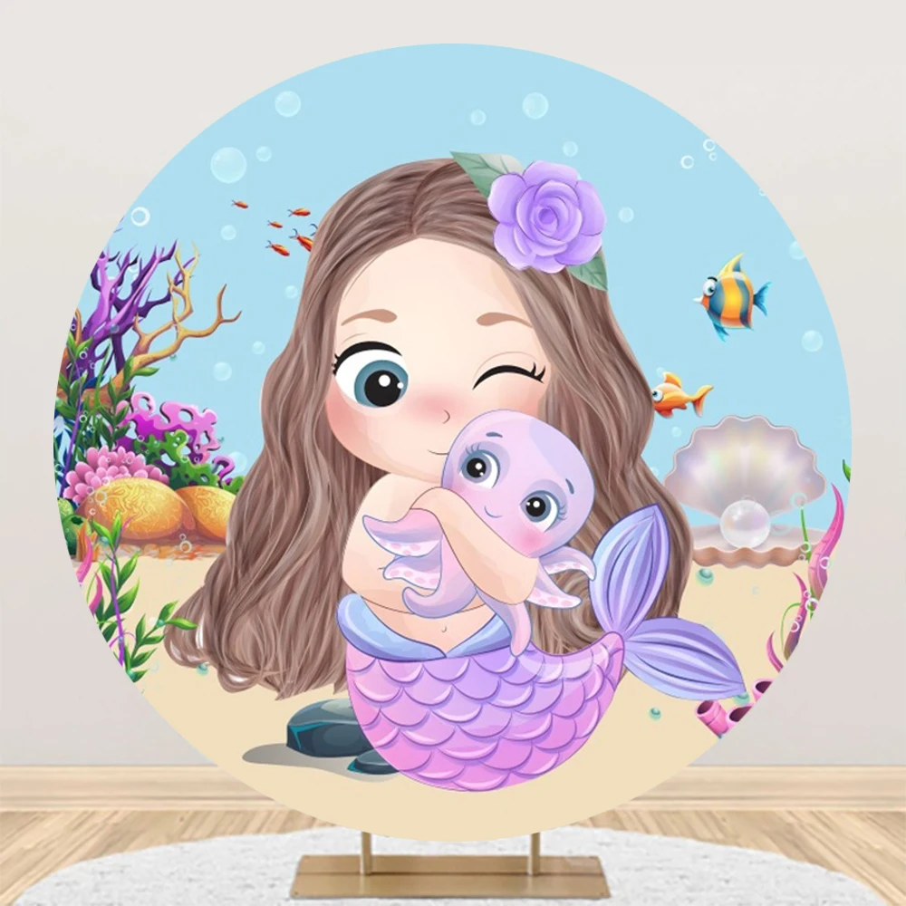 Cartoon Mermaid Birthday Round Backdrop Photography Princess Baby Shower Party Photo Photographic Background For Photo Studio