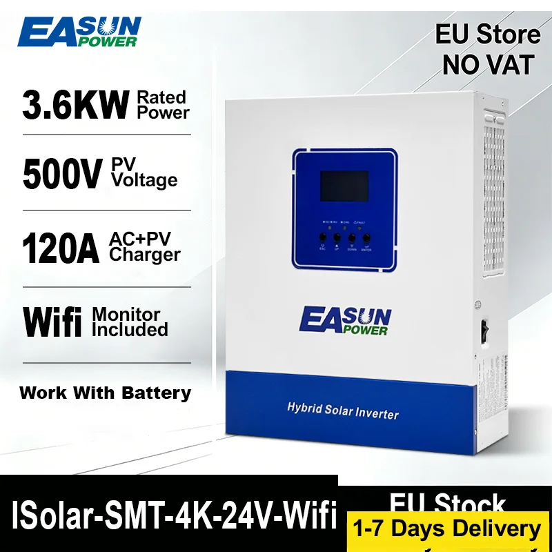 Inverter Ibrido Easun 4000W 24V 230V Off-Grid MPPT Onda Pura con Caricabatterie Solare 120A per Batterie al Litio 50/60Hz con WIFI, Disponibile in Magazzino UE
