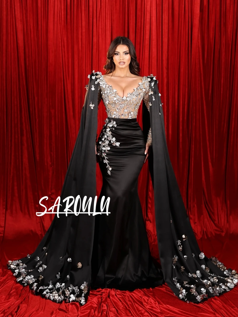 

High-end Black Prom Dress Deep V Neck See Through Bodice With 3D Crystal Appliques Customized Elegant Cape Mermaid Evening Gown