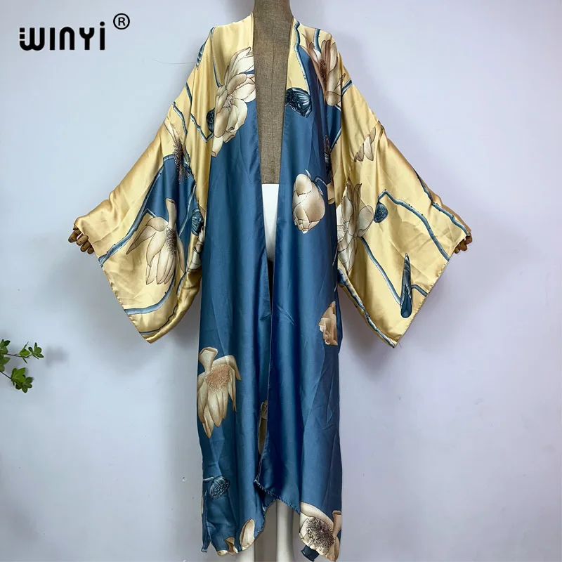 

WINYI kimono Europe summer boho print Bikini Cover-up Elegant fashion Cardigan sexy Holiday long Sleeve silk feeling maxi dress