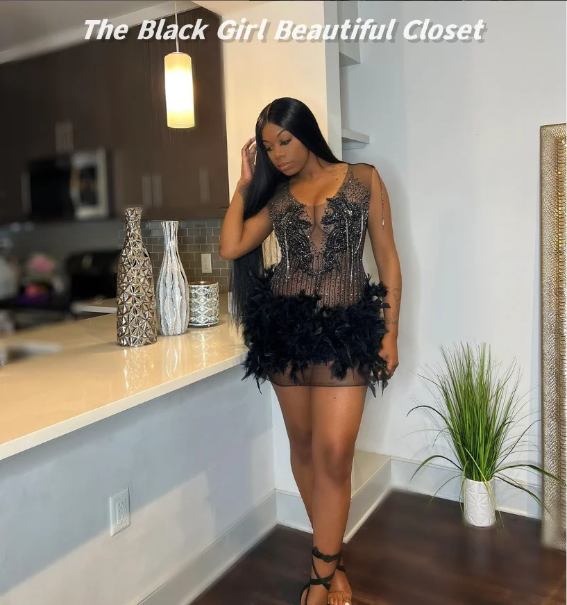 Black Sexy Short Homecoming Dresses Sparkling Rhinestone Sequins Fringe Birthday Party Dresses African Girls Feather Dresses